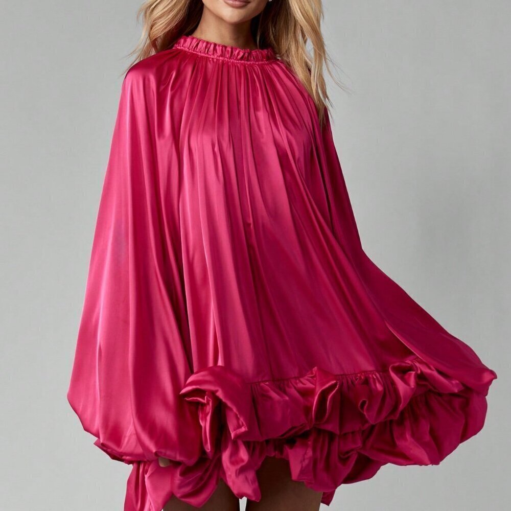 Hot Pink Party Women's Ruffle Hem High Neck Satin Elegant Mini Dress